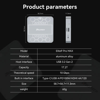 1TB Elite9 Pro MAX Magnetic SSD, 1000MB/s, USB 3.2 Gen 2, 4K ProRes, For Laptop, PC, PS5, Gray - Reletech AI Vision