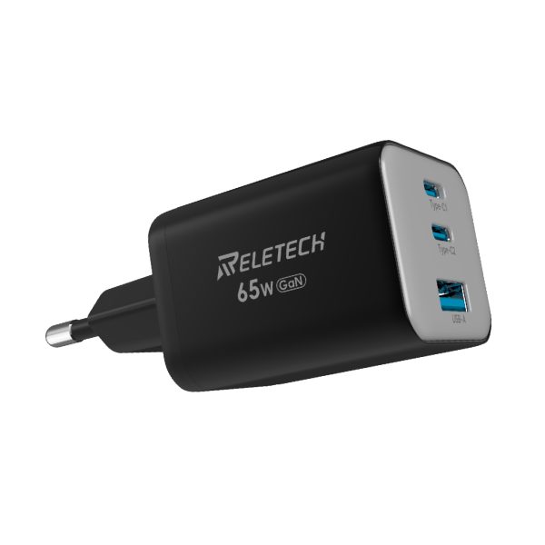 Reletech 65W Black Multi Charger Dual USB-C + USB-A, GaN, 65W Fast Charger